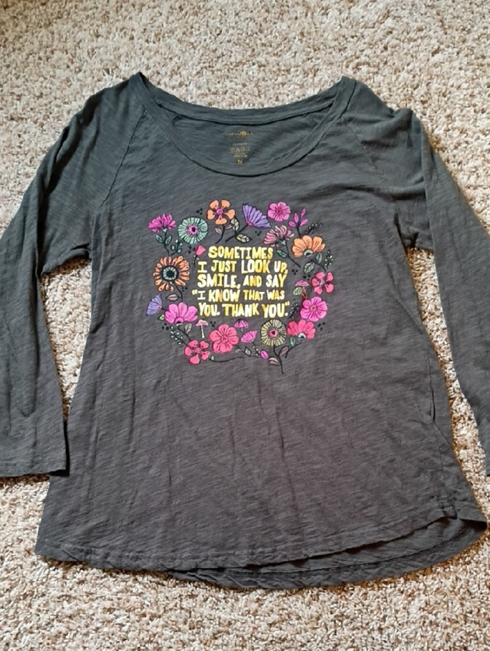 NATURAL LIFE Charcoal Long-Sleeve Tee with Colorful Floral Heart Graphic
